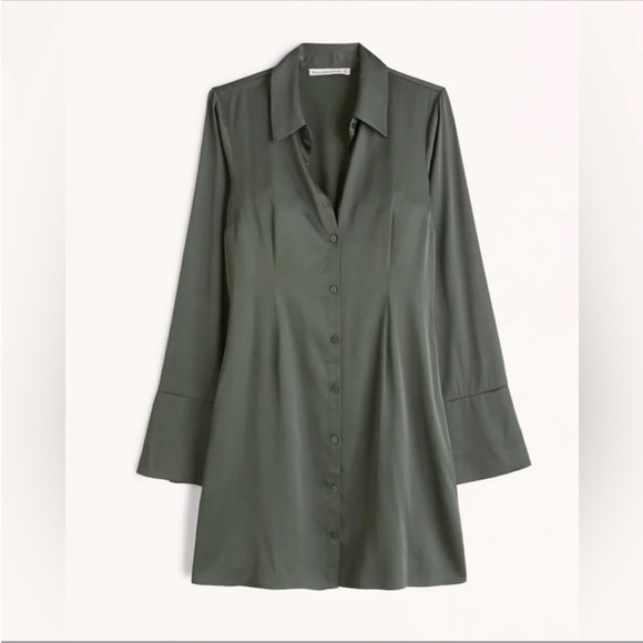 Abercrombie & Fitch Dresses & Skirts - Abercrombie & Fitch Green Satin Long Sleeve Shirt Dress SZ XXS EUC